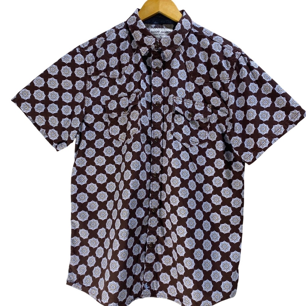 Cody James Mens Large Brown Medallion Print Short Sleeve Western ‎ Snap Cotton